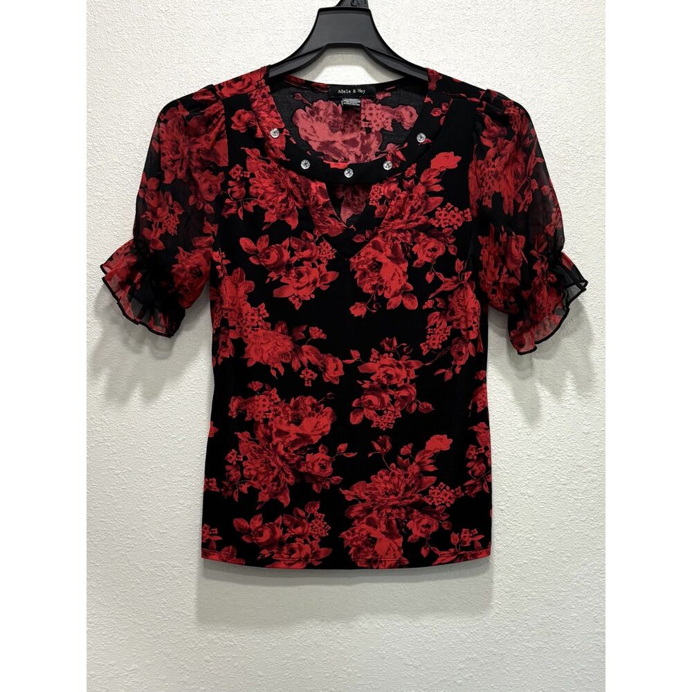 Adele & May Womens Red Floral Print Ruffle Sleeve Blouse Size Small